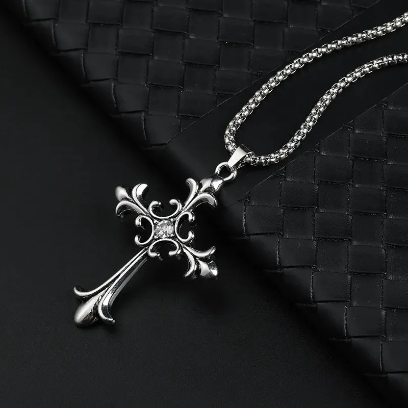 Gothic Retro Rhinestone Cross Pendant Necklace – Unisex Stainless Steel Fashion Accessory