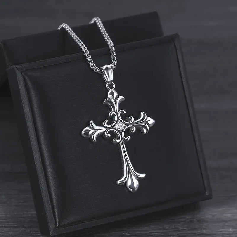 Gothic Retro Rhinestone Cross Pendant Necklace – Unisex Stainless Steel Fashion Accessory