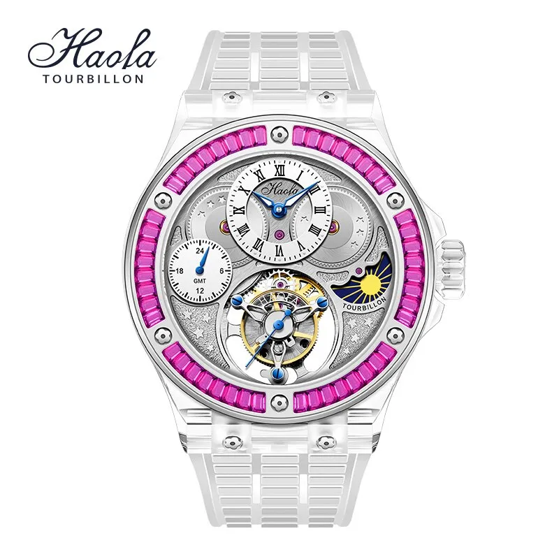 Haofa GMT Tourbillon Movement Watch Men K9 Crystal Sapphire Mechanical Manual Flying Tourbillon Wristwatches Luxury Waterproof
