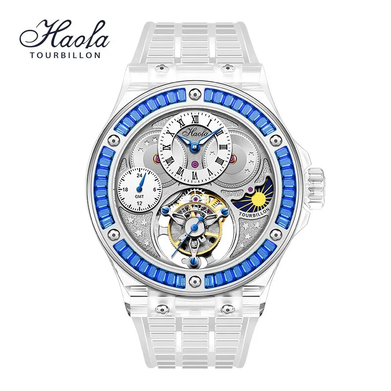 Haofa GMT Tourbillon Movement Watch Men K9 Crystal Sapphire Mechanical Manual Flying Tourbillon Wristwatches Luxury Waterproof
