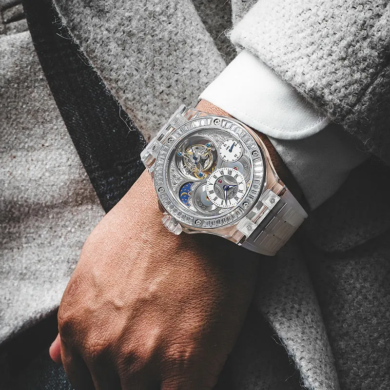 Haofa GMT Tourbillon Movement Watch Men K9 Crystal Sapphire Mechanical Manual Flying Tourbillon Wristwatches Luxury Waterproof