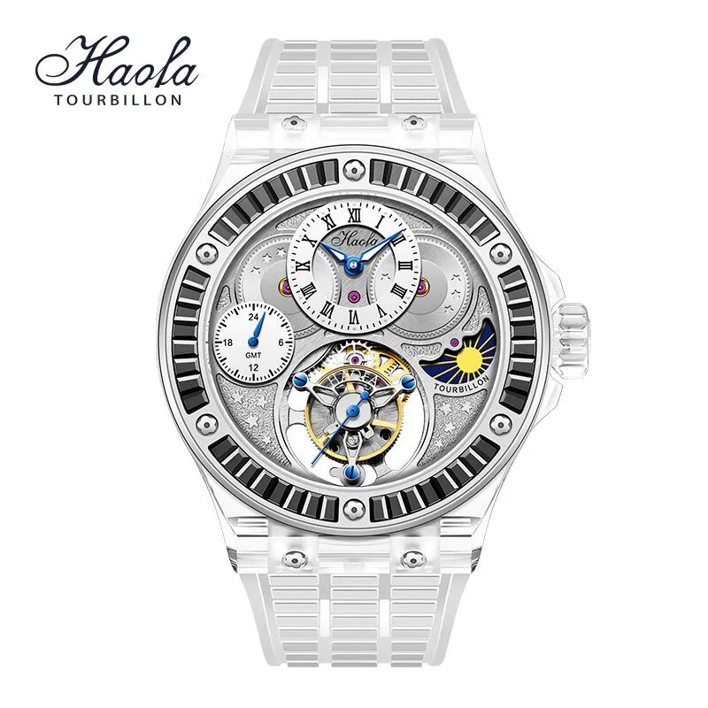 Haofa GMT Tourbillon Movement Watch Men K9 Crystal Sapphire Mechanical Manual Flying Tourbillon Wristwatches Luxury Waterproof