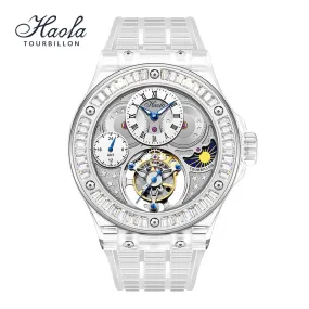 Haofa GMT Tourbillon Movement Watch Men K9 Crystal Sapphire Mechanical Manual Flying Tourbillon Wristwatches Luxury Waterproof