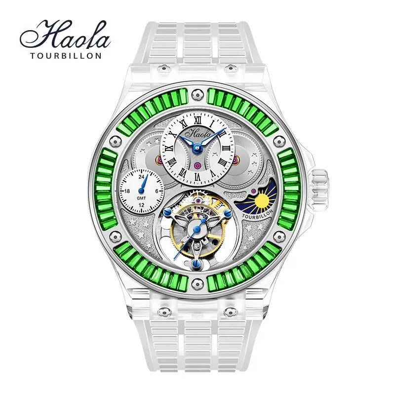 Haofa GMT Tourbillon Movement Watch Men K9 Crystal Sapphire Mechanical Manual Flying Tourbillon Wristwatches Luxury Waterproof