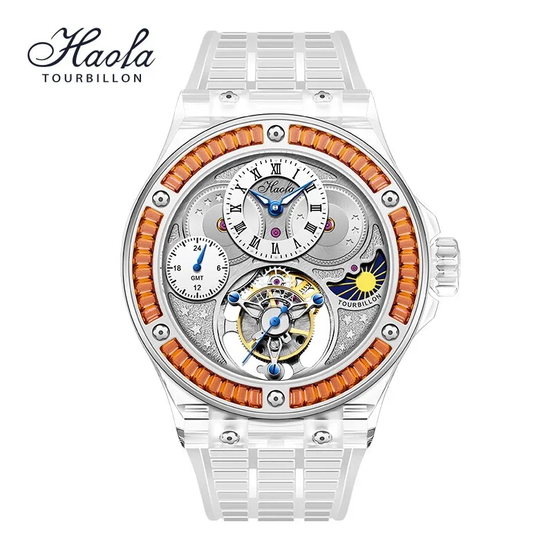 Haofa GMT Tourbillon Movement Watch Men K9 Crystal Sapphire Mechanical Manual Flying Tourbillon Wristwatches Luxury Waterproof