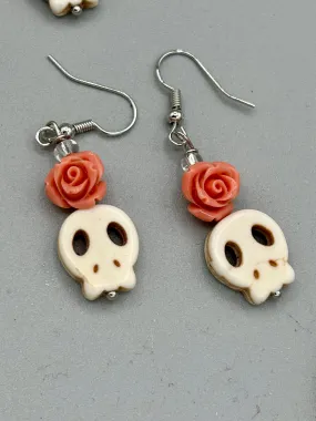 Howlite Skull Beads With Peachy Coral Rose Beaded Earrings, Pastel Goth, Dia De Los Muertos Calavera, Day of the Dead Jewelry, La Catrina
