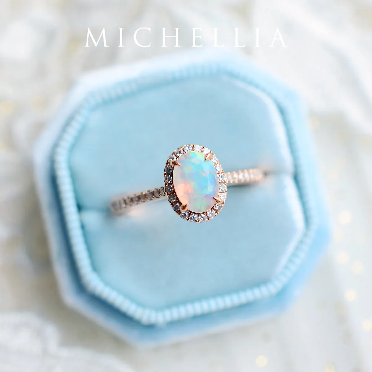 [Lenora] Petite Oval Halo Diamond Ring in Opal