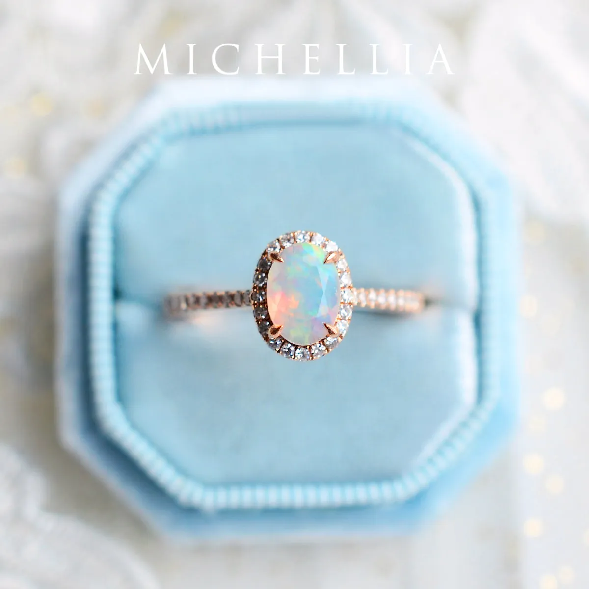 [Lenora] Petite Oval Halo Diamond Ring in Opal