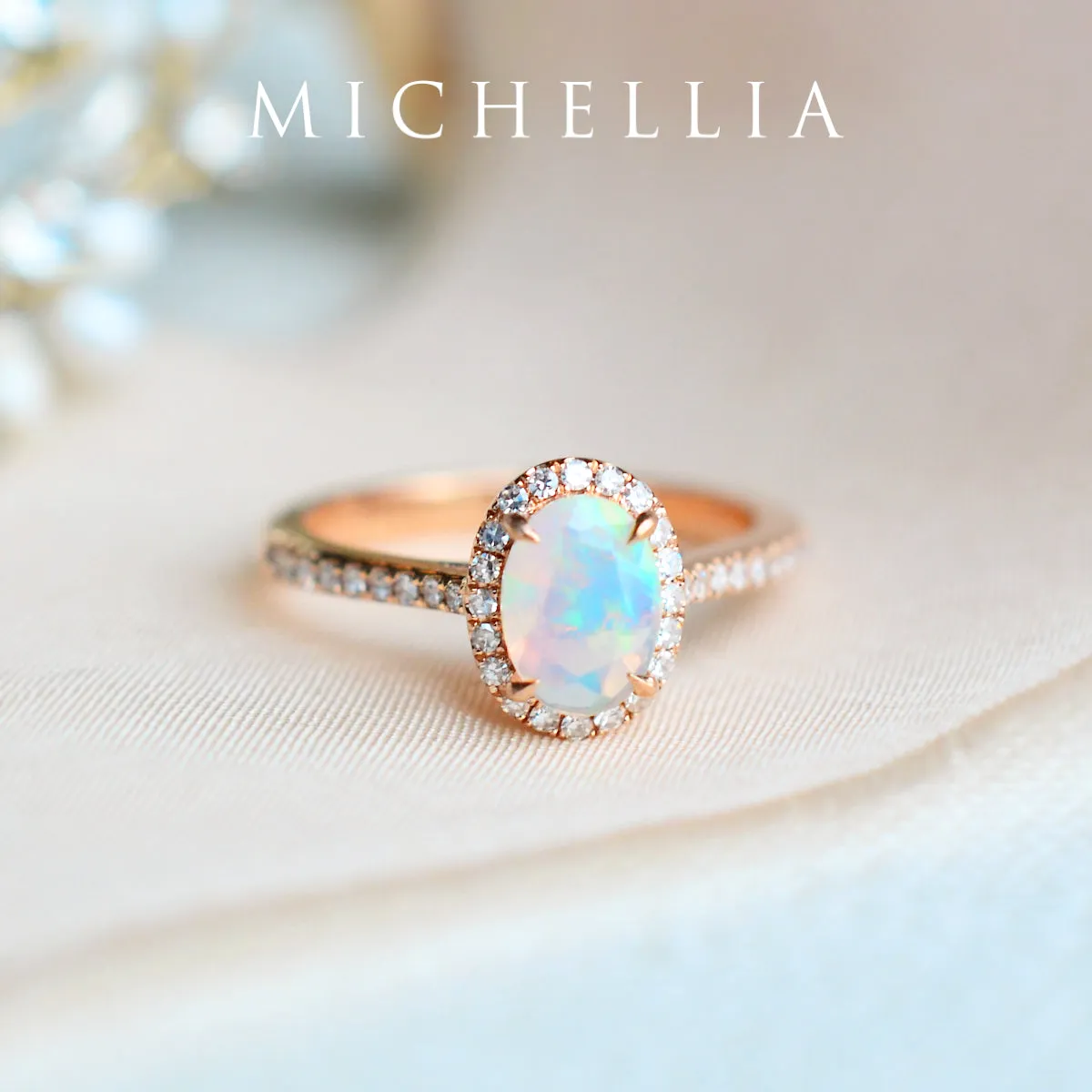 [Lenora] Petite Oval Halo Diamond Ring in Opal