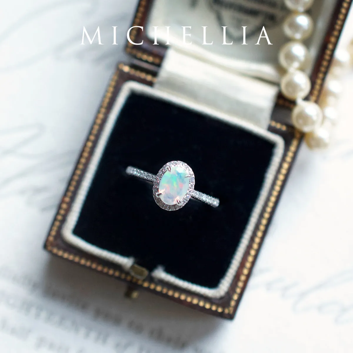 [Lenora] Petite Oval Halo Diamond Ring in Opal