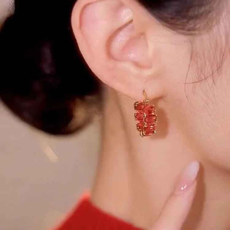 Luxury Lucky Red Zirconia Stones Hoop Earrings For Women