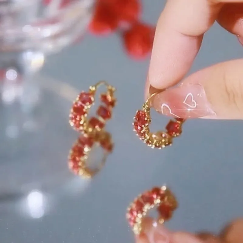 Luxury Lucky Red Zirconia Stones Hoop Earrings For Women