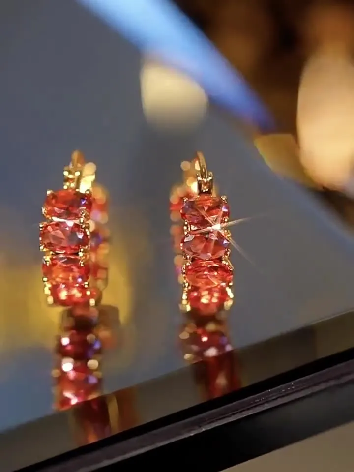 Luxury Lucky Red Zirconia Stones Hoop Earrings For Women