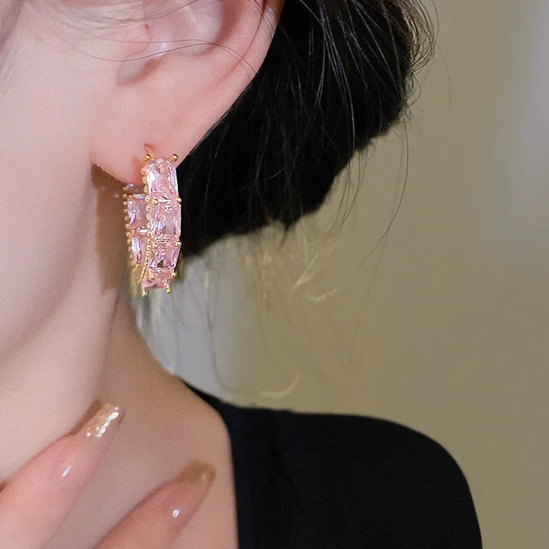 Luxury Pink Green Crystal Hoop Earrings For Women
