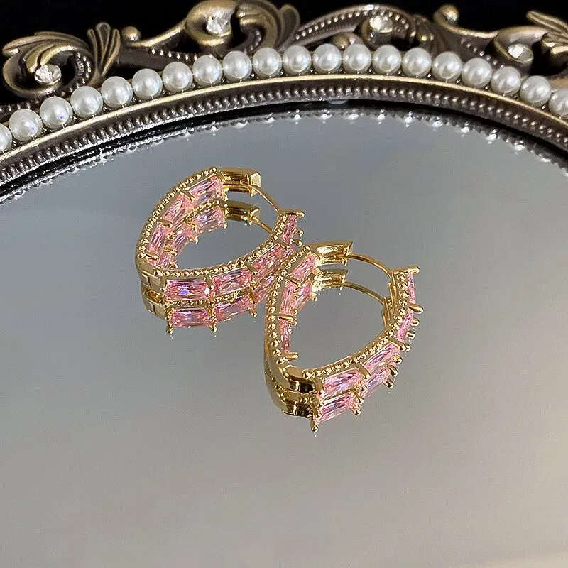 Luxury Pink Green Crystal Hoop Earrings For Women