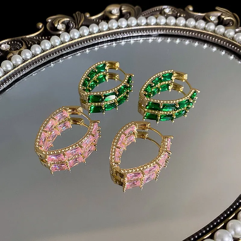 Luxury Pink Green Crystal Hoop Earrings For Women
