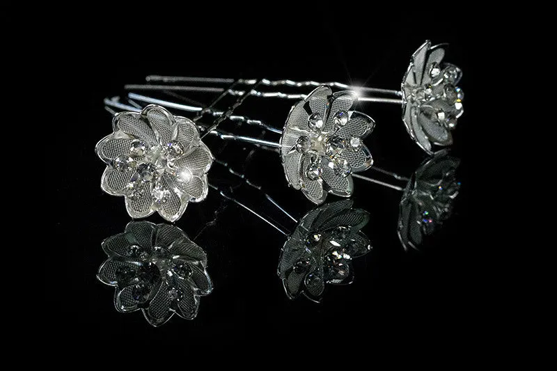 Madison Mesh Flower Hair Pin | Rhinestone