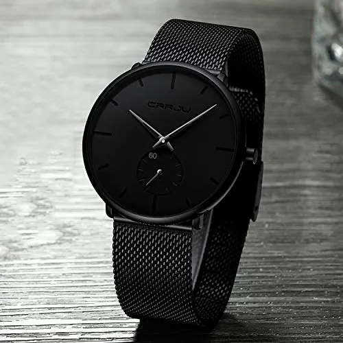 Mens Watches Ultra-Thin Minimalist Waterproof-Fashion Wrist Watch for Men Unisex Dress with Stainless Steel Mesh Band-Black Hands