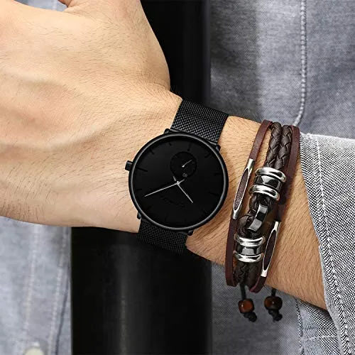 Mens Watches Ultra-Thin Minimalist Waterproof-Fashion Wrist Watch for Men Unisex Dress with Stainless Steel Mesh Band-Black Hands