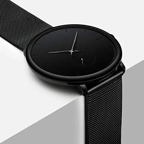 Mens Watches Ultra-Thin Minimalist Waterproof-Fashion Wrist Watch for Men Unisex Dress with Stainless Steel Mesh Band-Black Hands