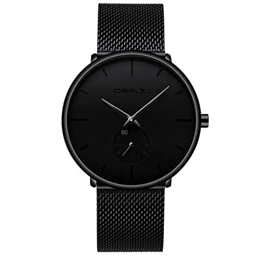 Mens Watches Ultra-Thin Minimalist Waterproof-Fashion Wrist Watch for Men Unisex Dress with Stainless Steel Mesh Band-Black Hands