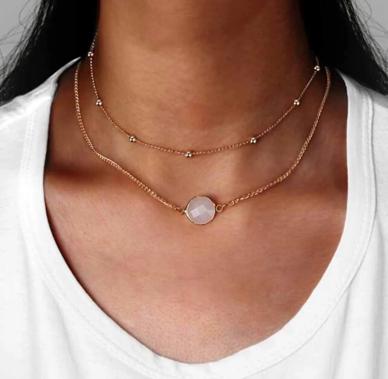 Necklace - Opal Stone Layered Choker