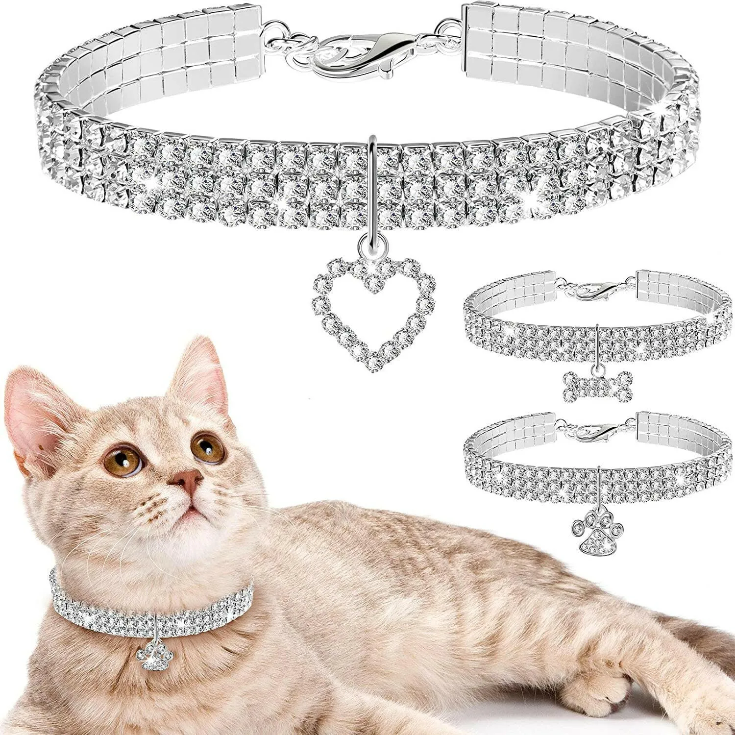 Pet Collar with Pendant - Glitter Rhinestones- 3PCS