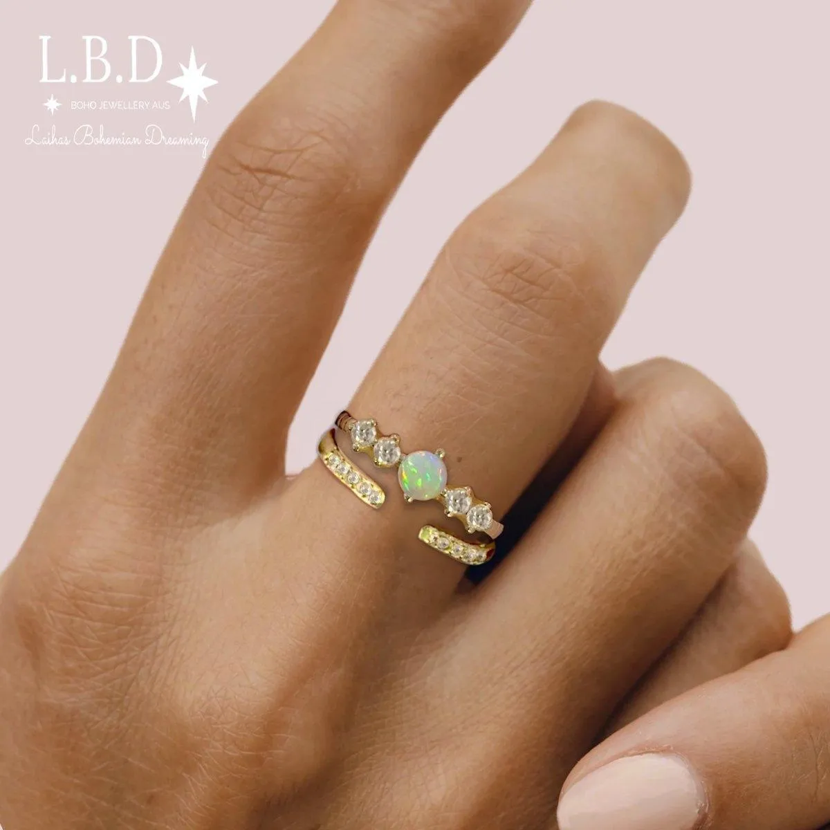 Petite Sparkle Genuine Opal and Topaz Gold Ring