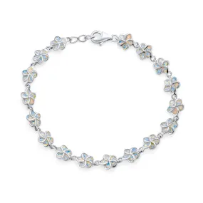 Plumeria Hawaiian Flower White Created Opal Link Bracelet Silver