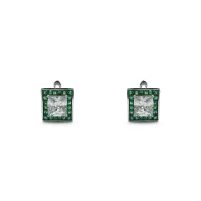 Princess Zirconia Faux Emerald Halo Stud Earrings (Silver)