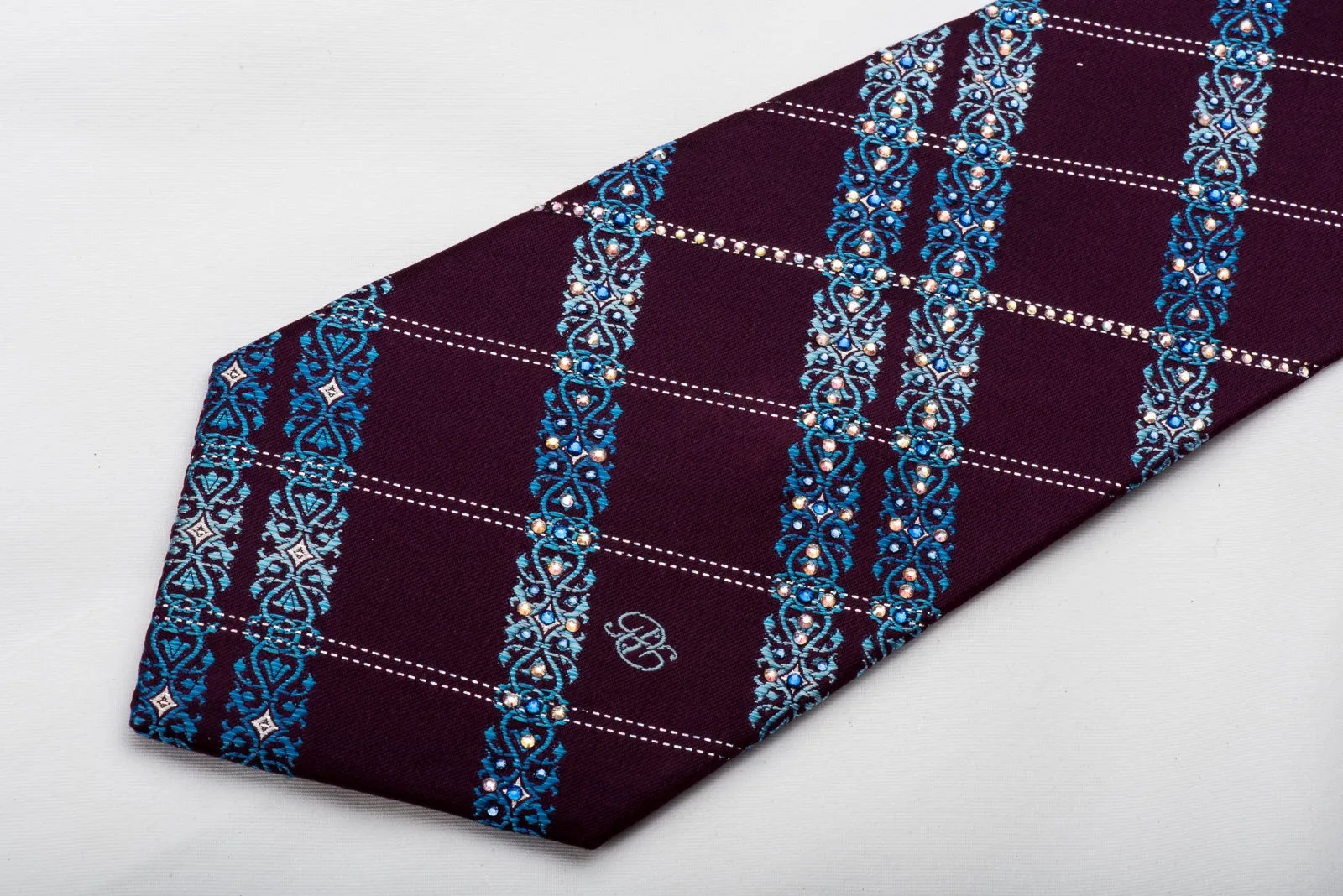 Renoma Men's Rhinestone Silk Necktie Blue Cartouche On Burgundy With Silver Sparkles