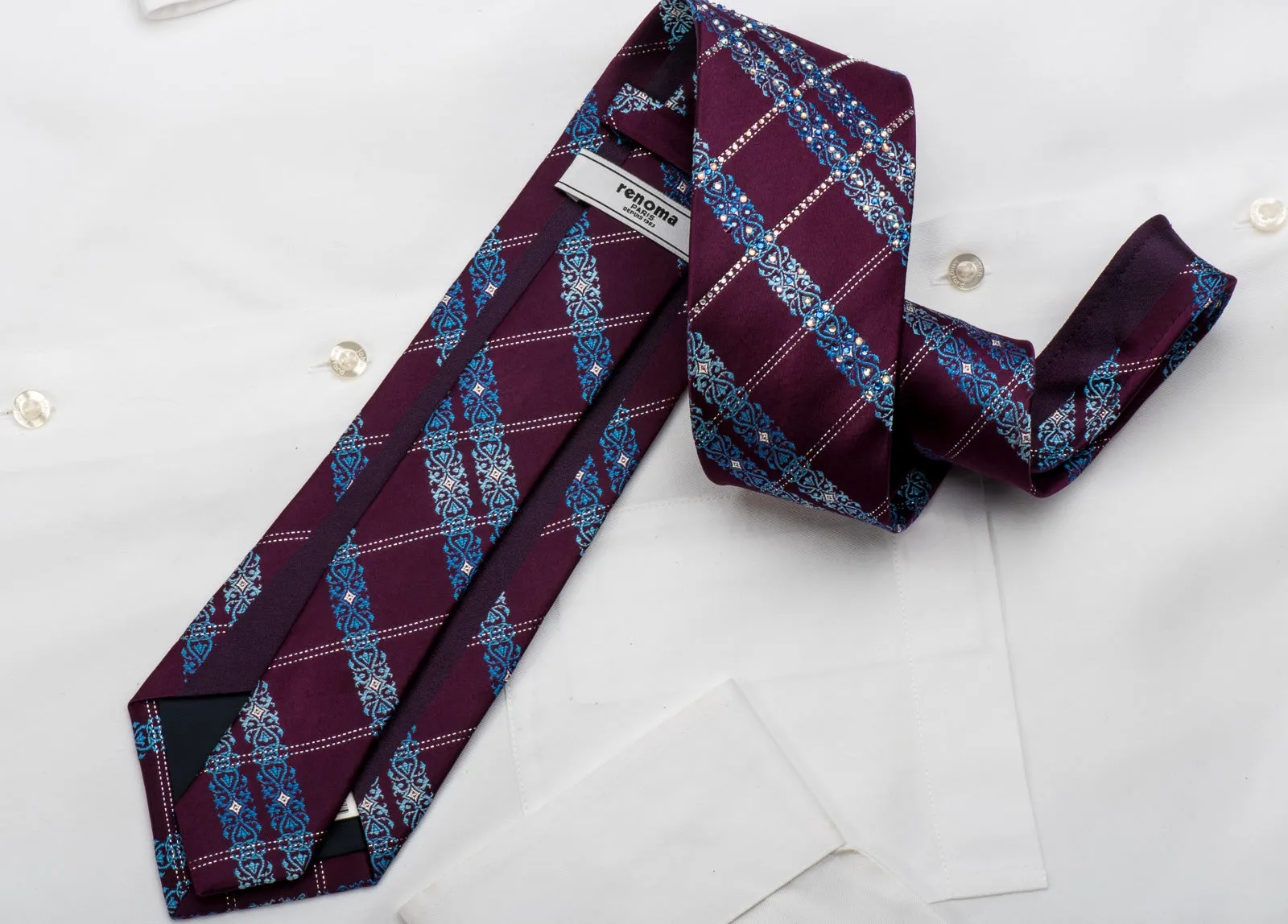 Renoma Men's Rhinestone Silk Necktie Blue Cartouche On Burgundy With Silver Sparkles
