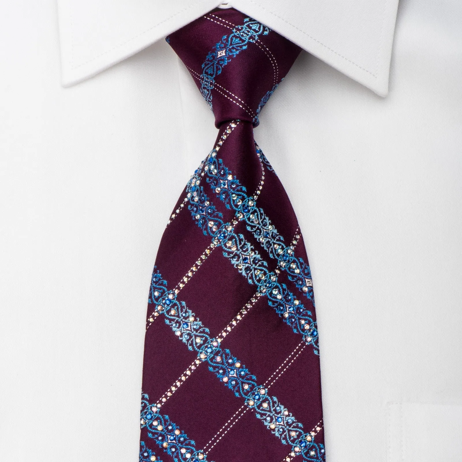 Renoma Men's Rhinestone Silk Necktie Blue Cartouche On Burgundy With Silver Sparkles