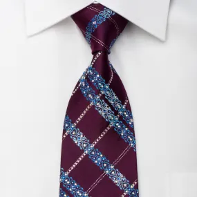 Renoma Men's Rhinestone Silk Necktie Blue Cartouche On Burgundy With Silver Sparkles