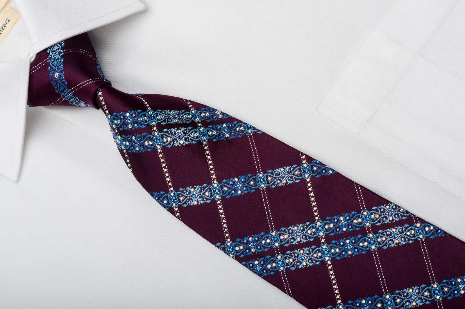 Renoma Men's Rhinestone Silk Necktie Blue Cartouche On Burgundy With Silver Sparkles