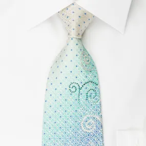 Renoma Necktie Blue Cartouche Rhinestone Scrolls On White Silk With Silver Sparkles