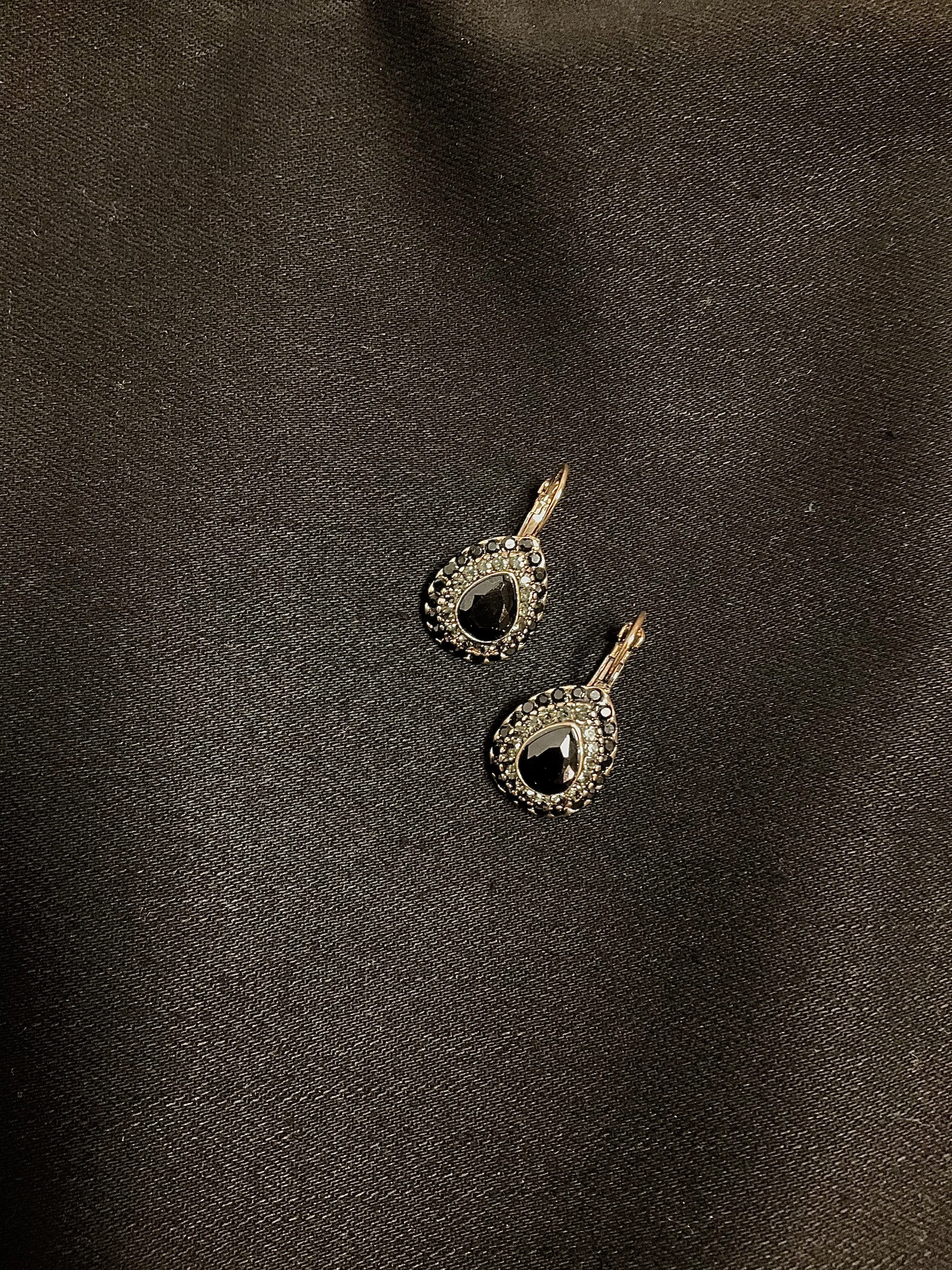 Rhinestone & Black Bead Teardrop Earrings