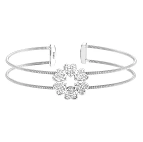 Rhodium Finish Sterling Silver Two Cable Cuff 5 Hearts Bracelet - LL7086B-RH