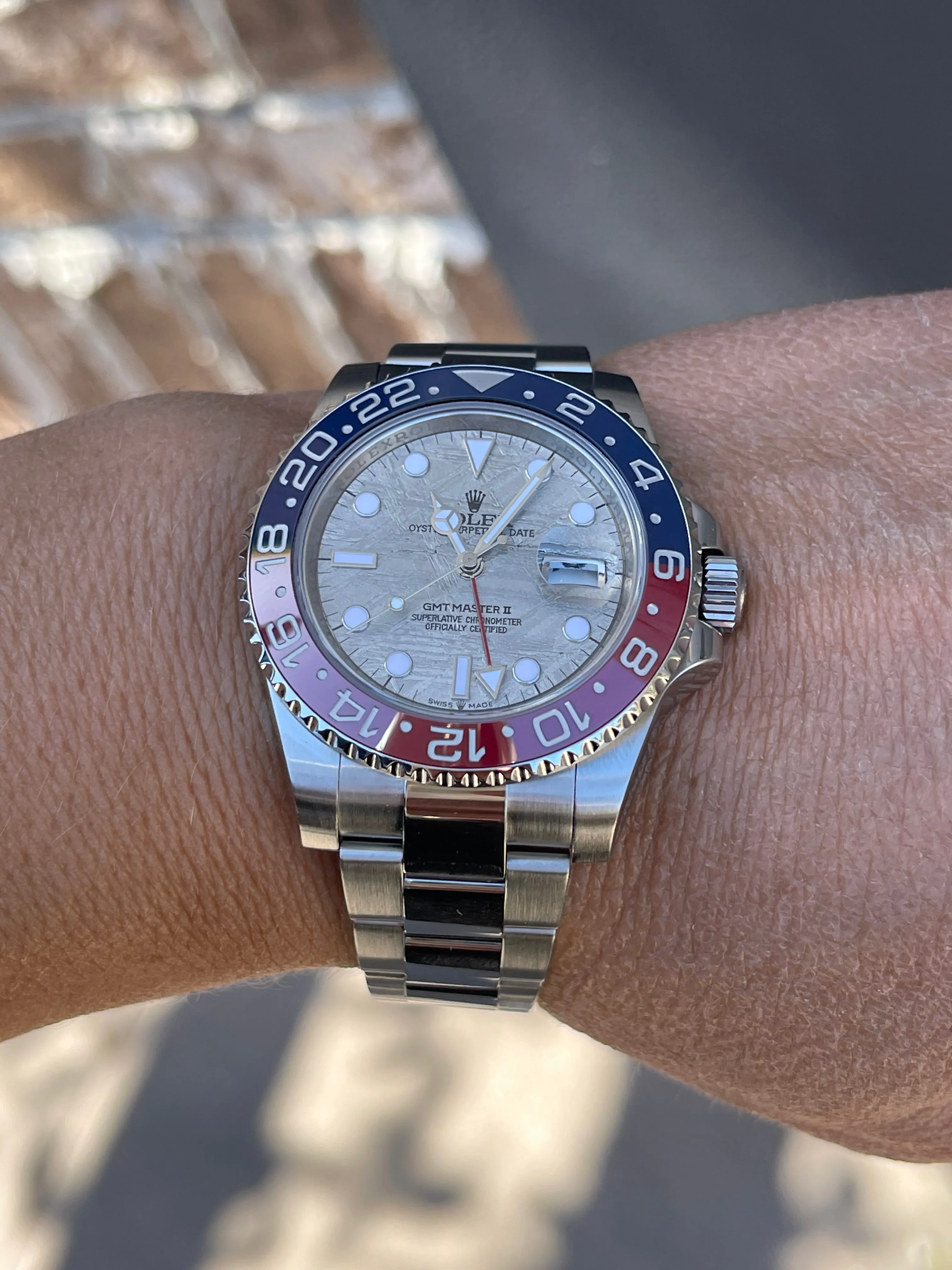 Rolex GMT-Master II 40mm Mens Watch Stainless Steel Watch Custom “Pepsi” 116719BLRO MT Factory Clone Ceramic Bezel Insert Refinished Meteorite Dial