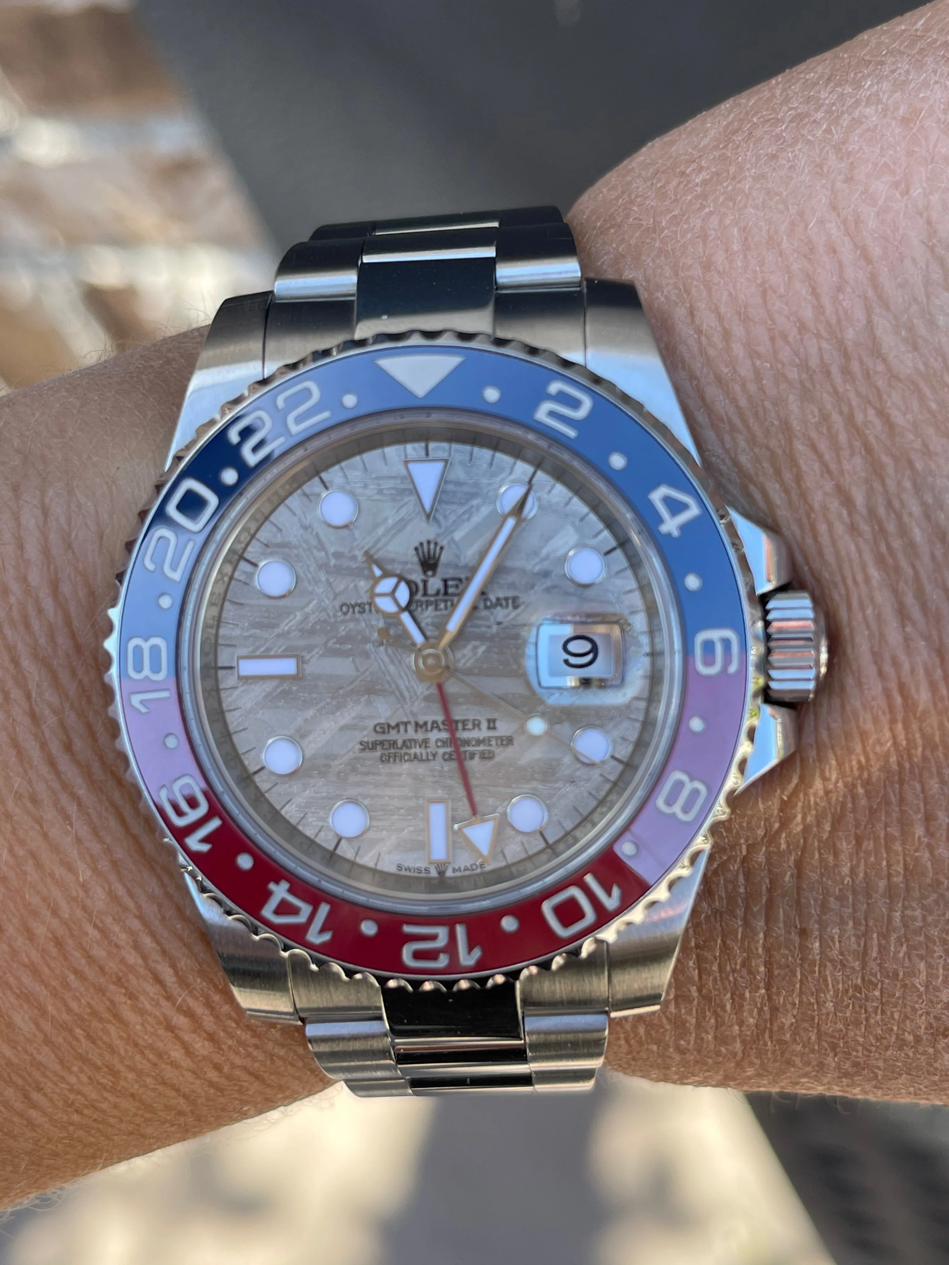 Rolex GMT-Master II 40mm Mens Watch Stainless Steel Watch Custom “Pepsi” 116719BLRO MT Factory Clone Ceramic Bezel Insert Refinished Meteorite Dial