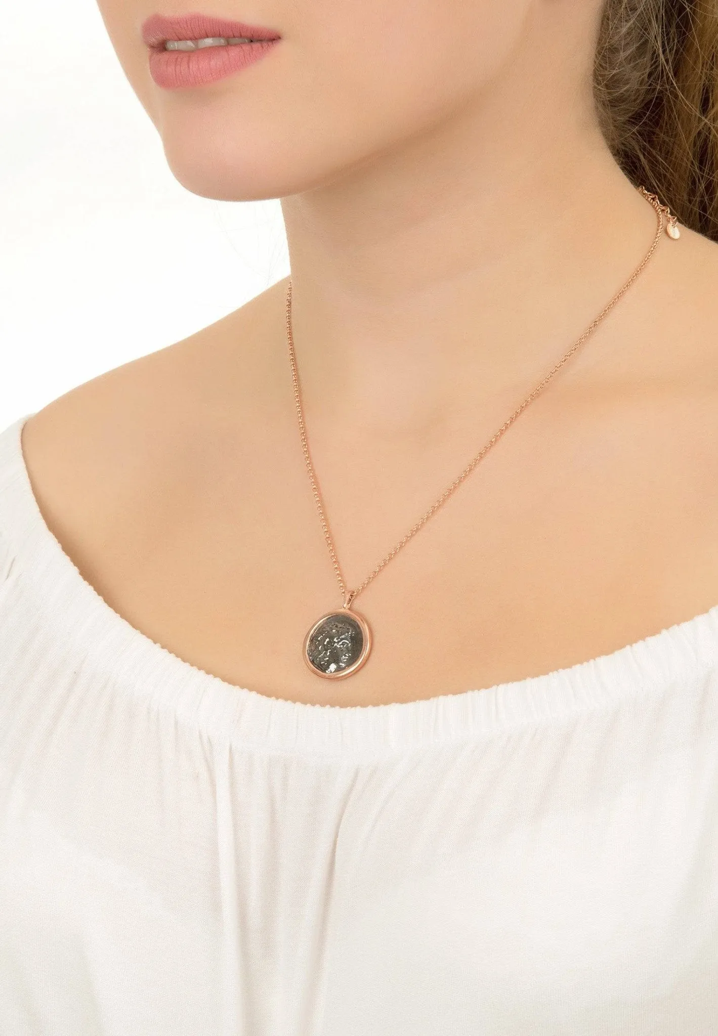Roman Coin Oxidised Pendant Necklace Rose Gold