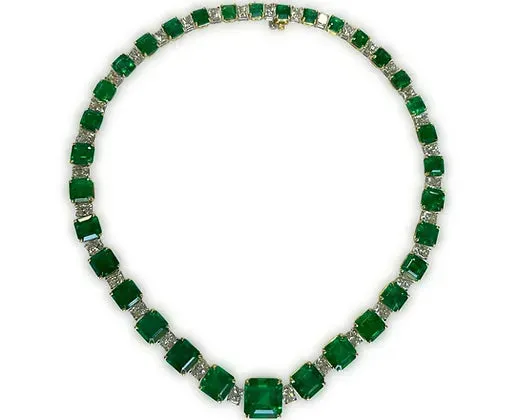 Rosemary 79.85 Carats Emerald Cut Emerald Gemstone Necklace in Platinum By Mike Nekta NYC