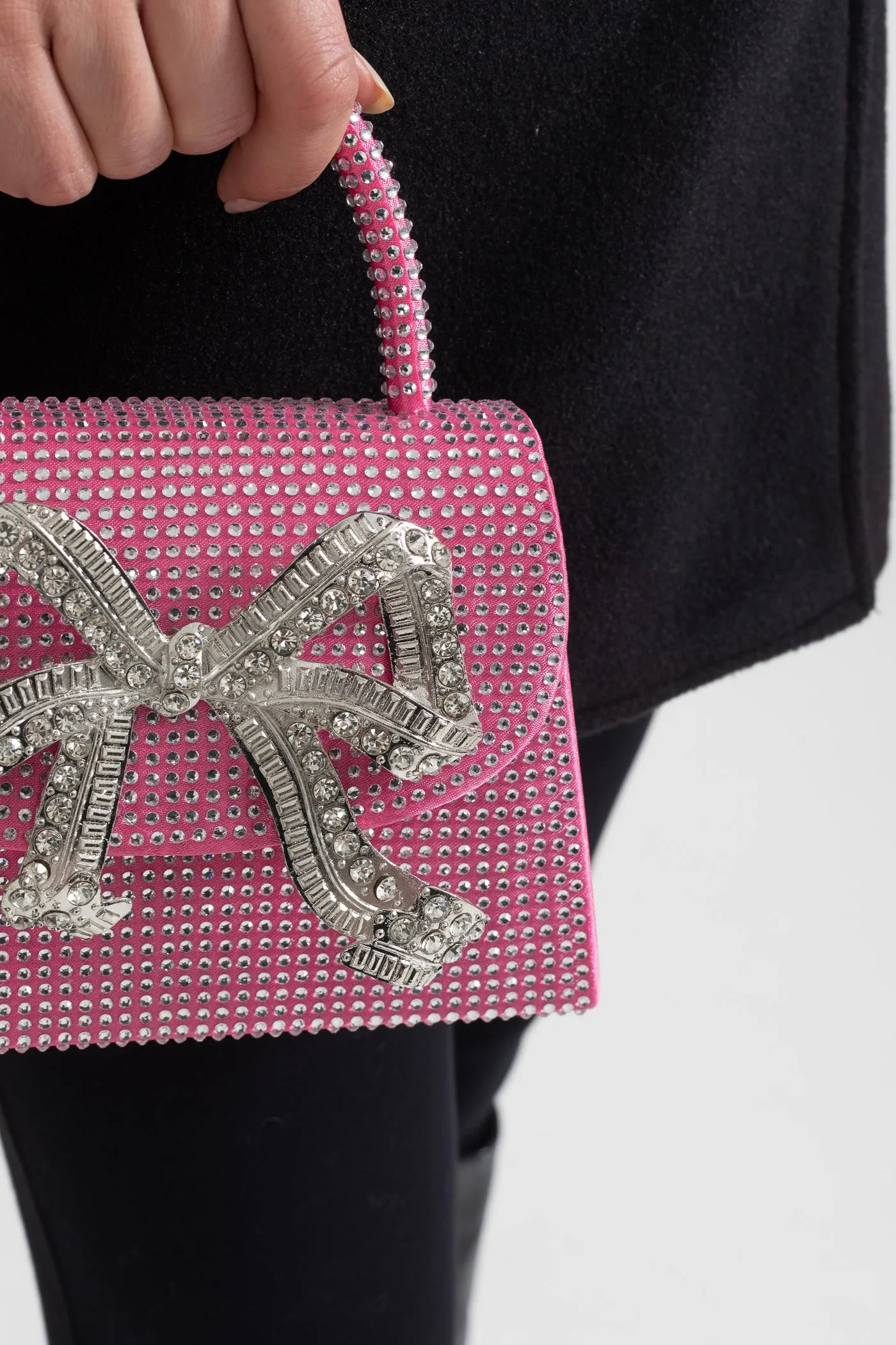 Sparkling Rhinestone Clutch With Decorative Metallic Bow - Pink