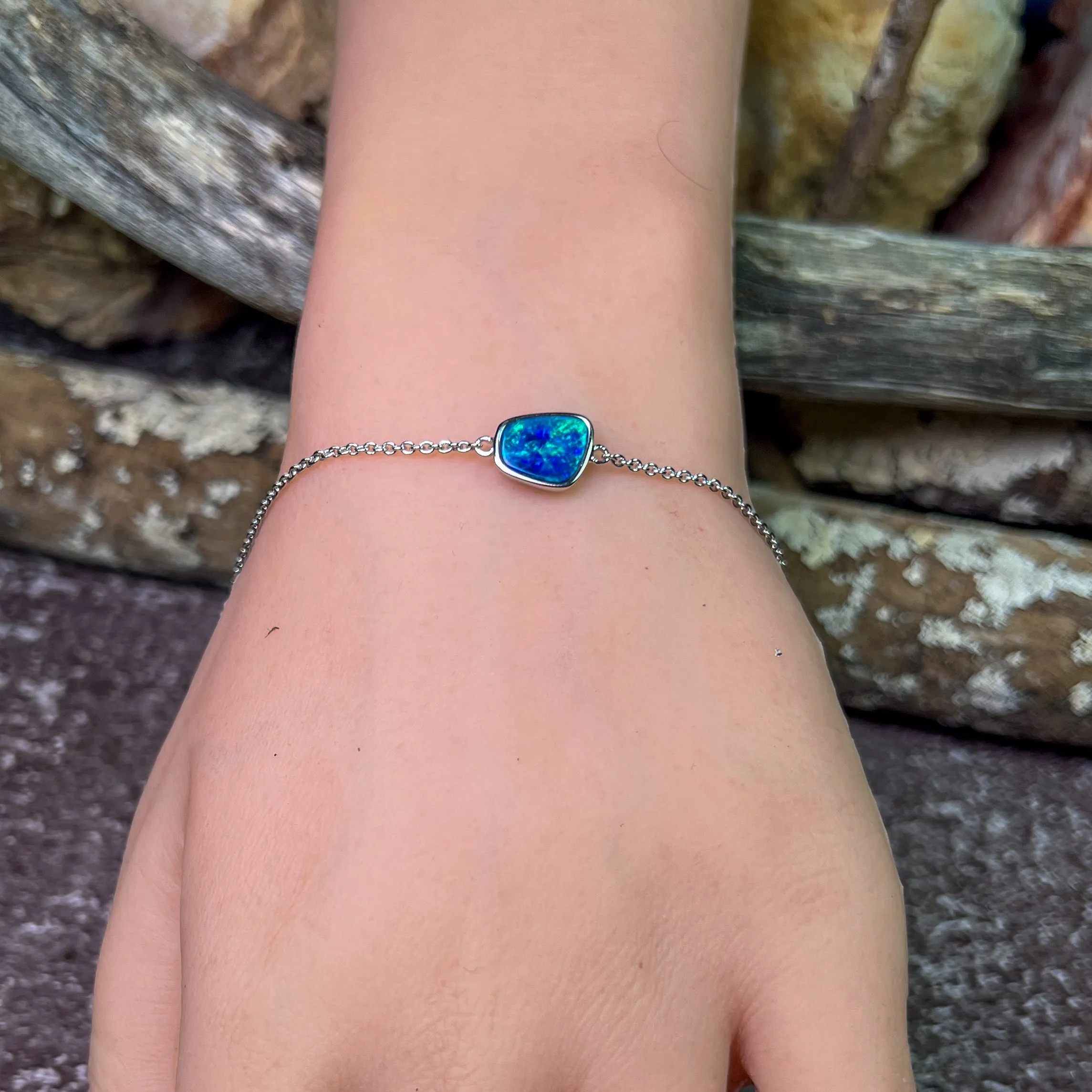 Sterling Silver Blue Green freeform Opal doublet bracelet