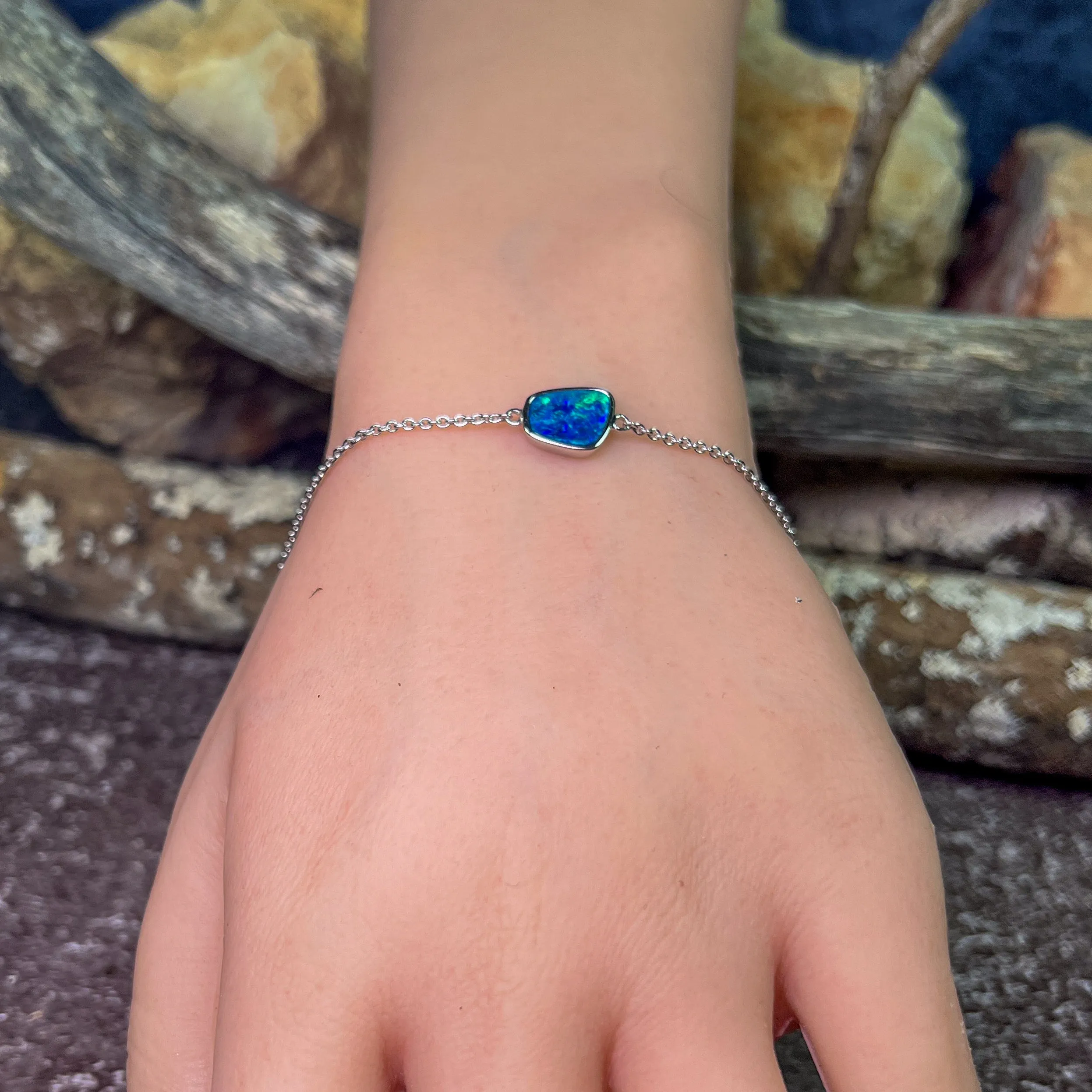 Sterling Silver Blue Green freeform Opal doublet bracelet
