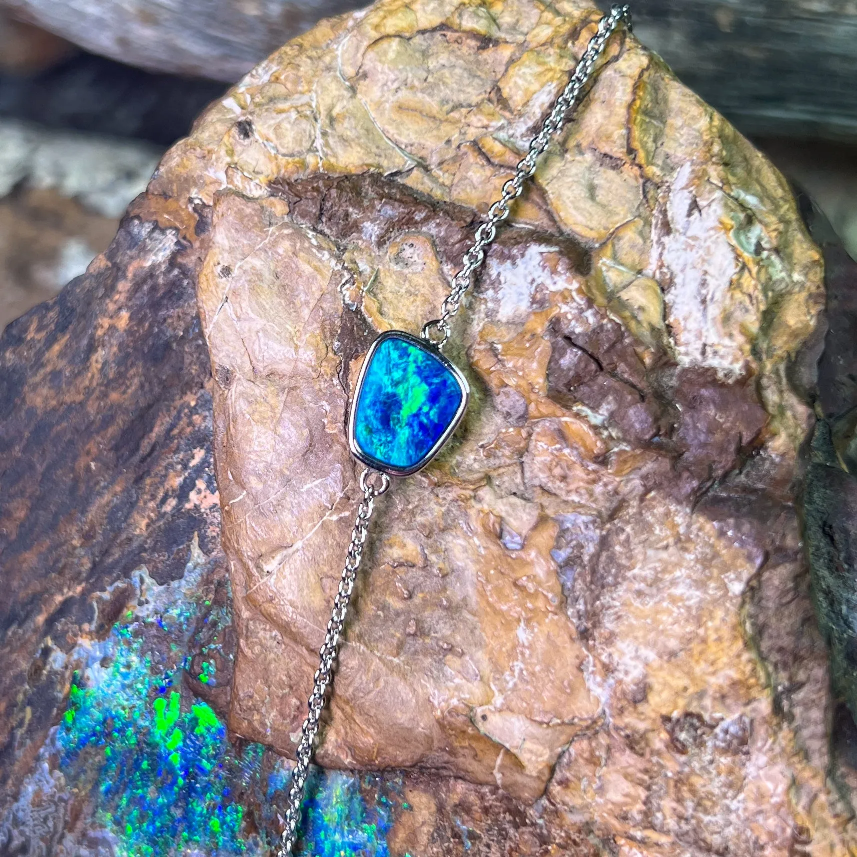 Sterling Silver Blue Green freeform Opal doublet bracelet