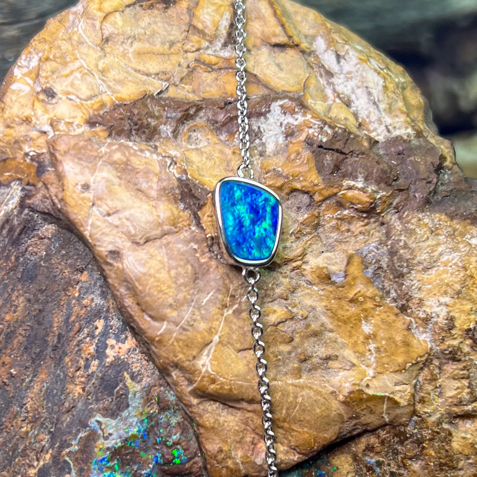 Sterling Silver Blue Green freeform Opal doublet bracelet