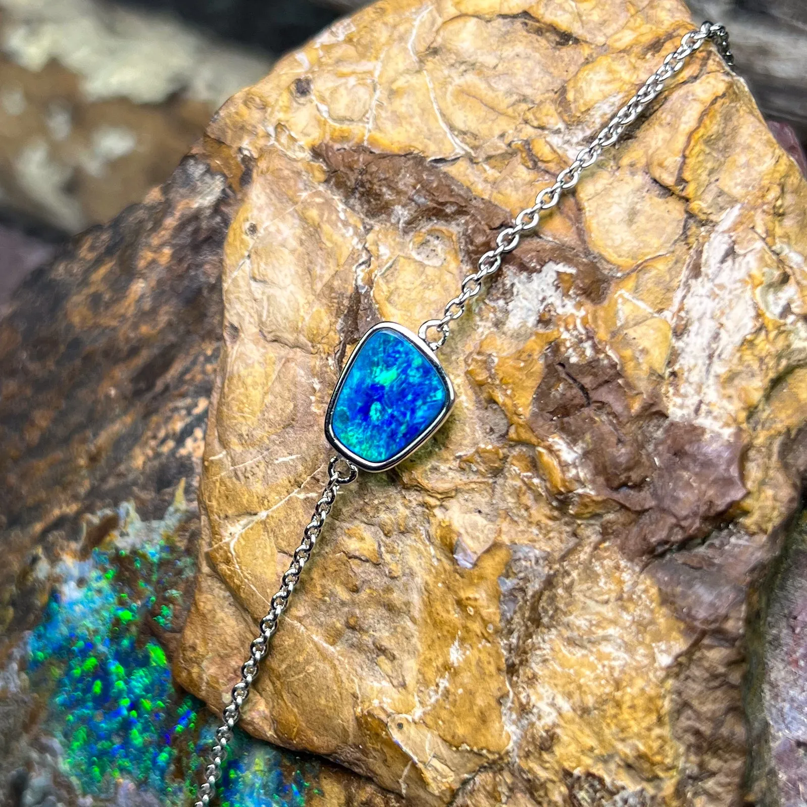 Sterling Silver Blue Green freeform Opal doublet bracelet