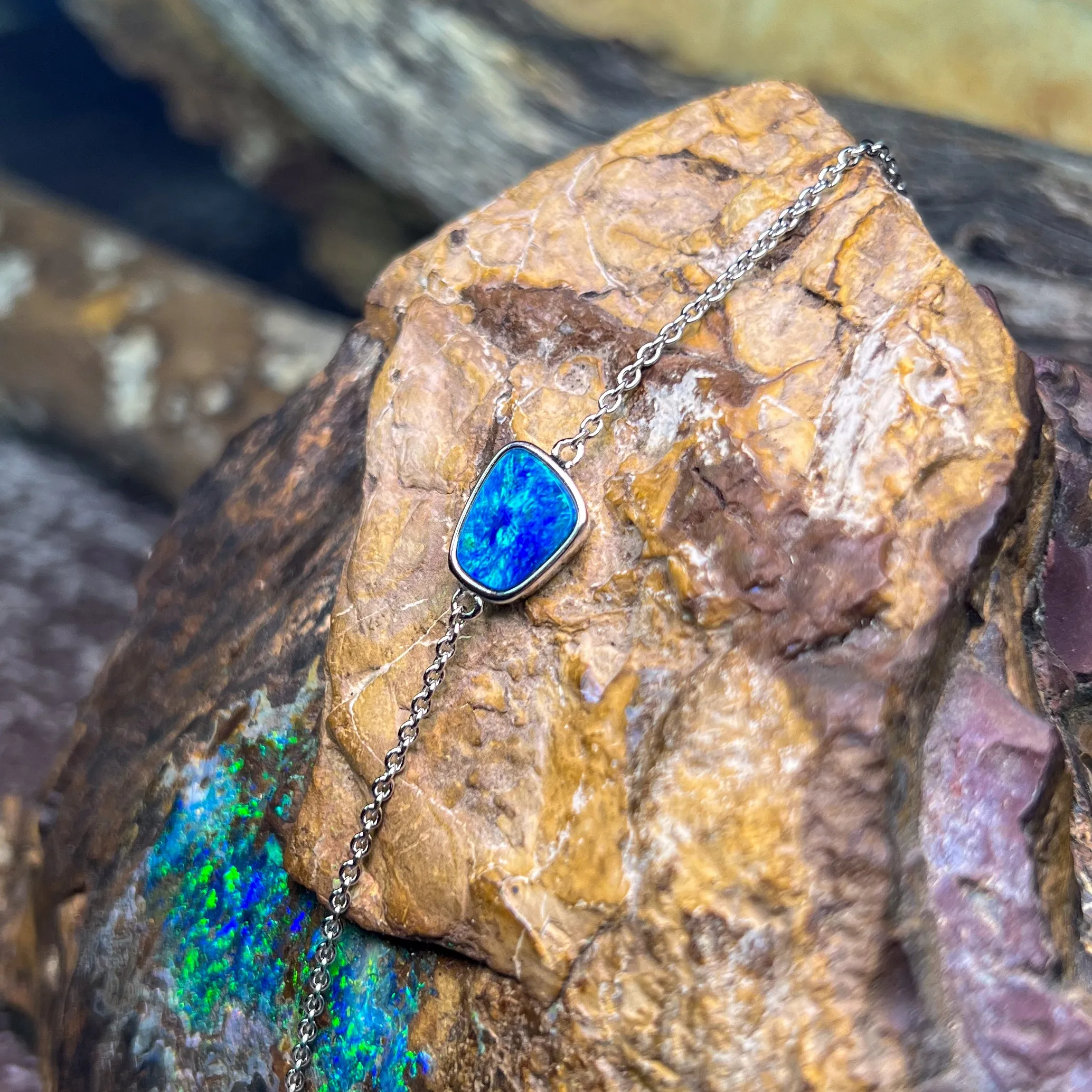 Sterling Silver Blue Green freeform Opal doublet bracelet