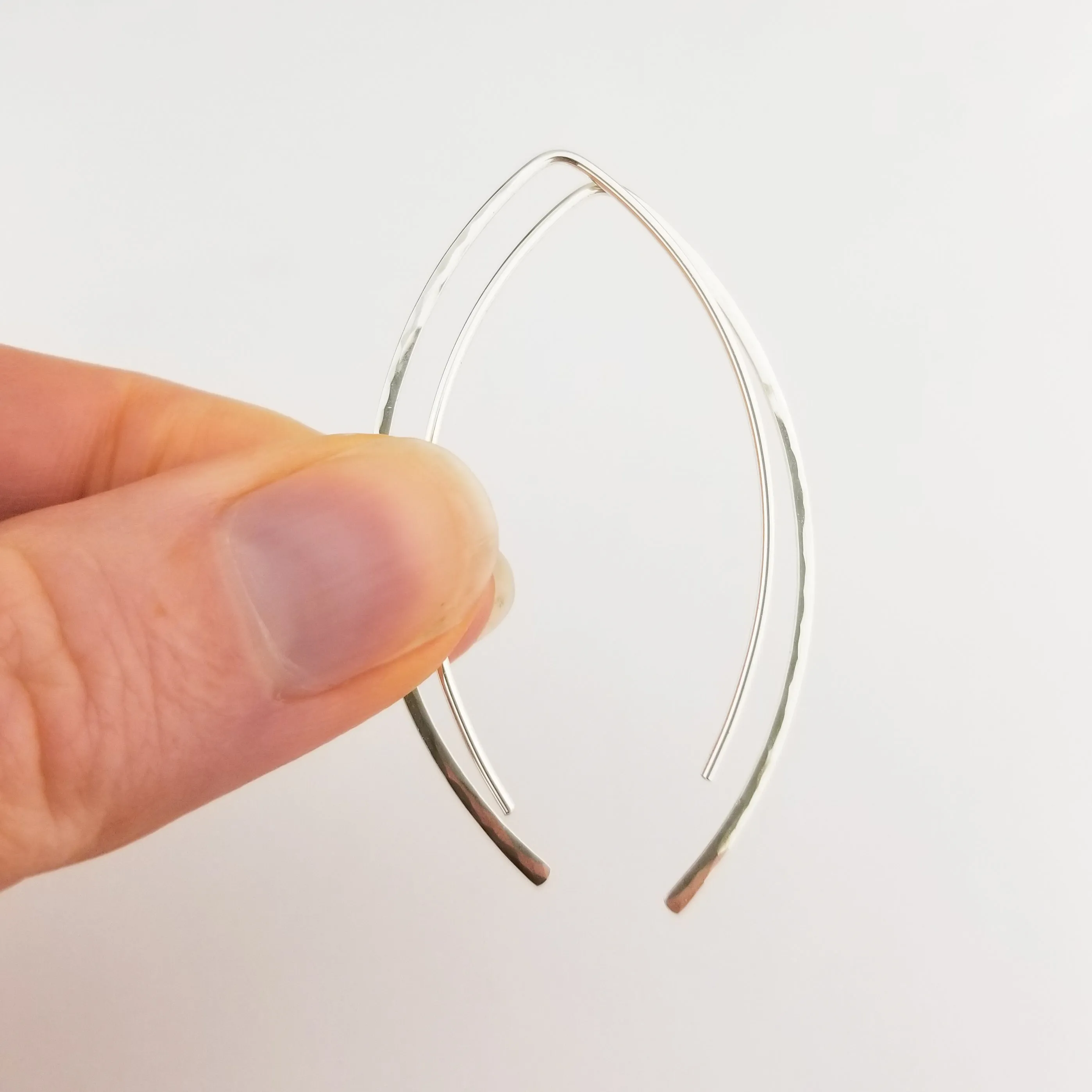 Thick Hammered Silver Open Hoop Threader Earrings